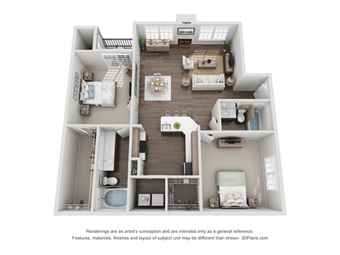Floor plan for 2 beds, 2 baths, 1100 sqft